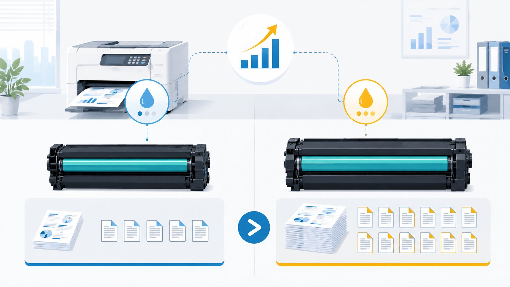 Ilustrasi perbedaan yield cartridge standar dan high yield pada printer kantor