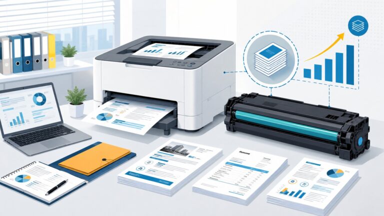 Ilustrasi yield cartridge untuk efisiensi cetak kantor dengan printer dan dokumen kerja