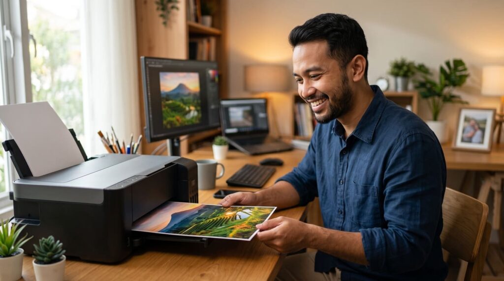 Seorang pria Indonesia sedang memeriksa hasil cetak foto tanpa tepi dari printer inkjet modern Title: