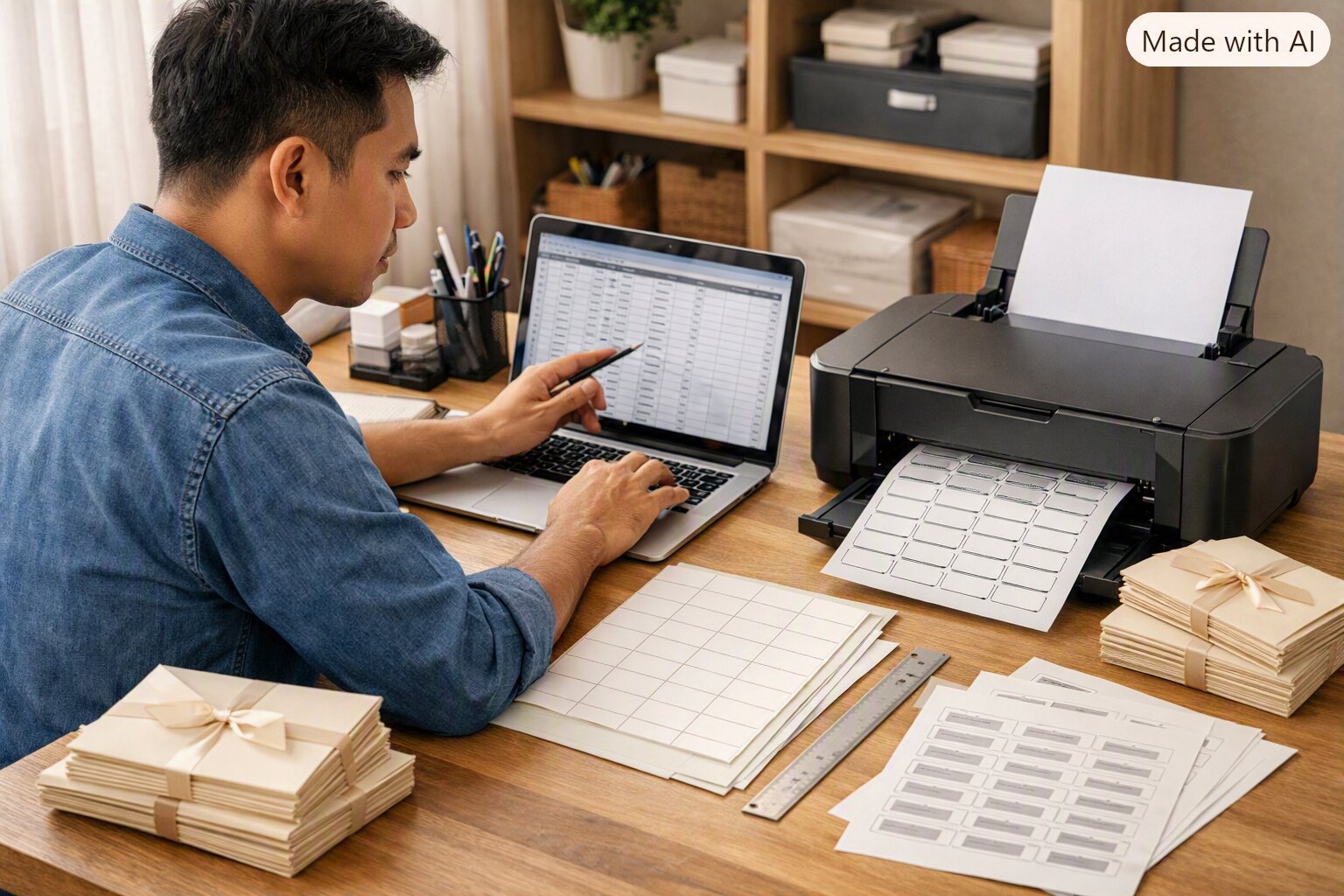 Proses cetak label undangan menggunakan printer inkjet agar hasil rapi dan presisi
