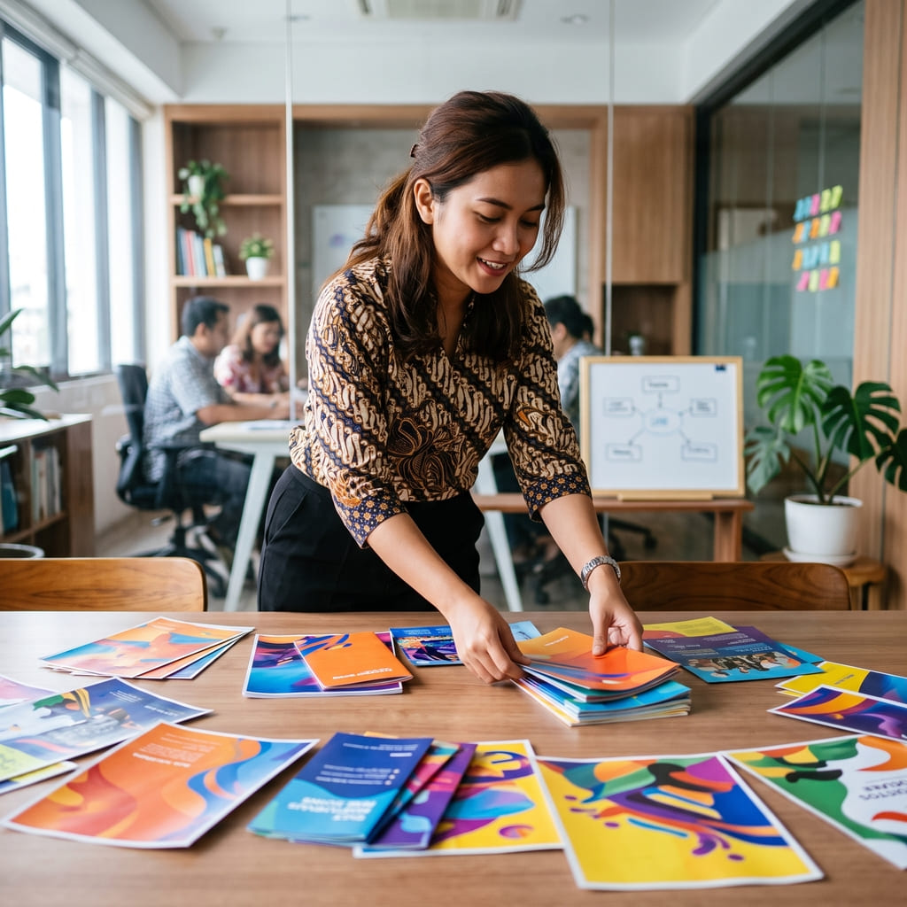 Seorang wanita Indonesia menyusun materi promosi brosur dan flyer hasil cetak borderless printing