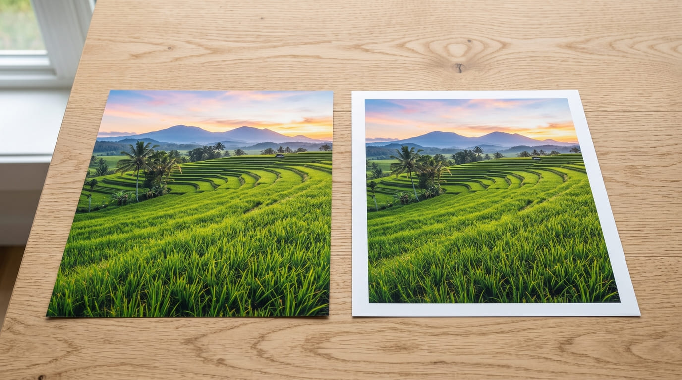 Perbandingan visual antara hasil cetak borderless tanpa margin putih dan cetak standar dengan garis tepi
